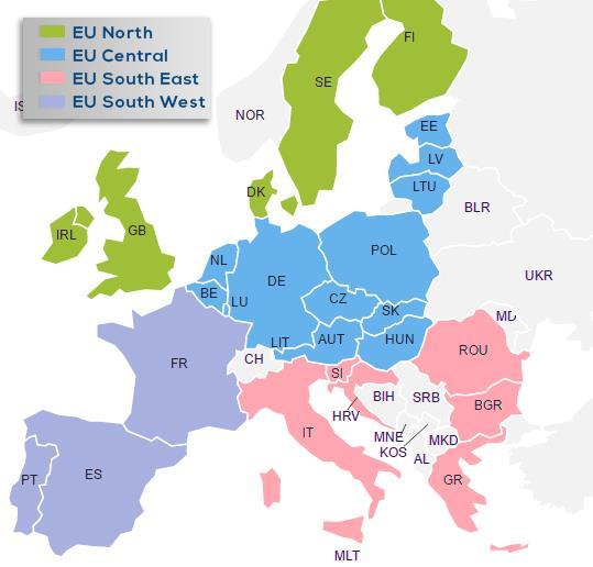 Scope and Methodology Geographical boundaries and critical review The analysis was performed for four EU regions, corresponding to the Exergia study.
