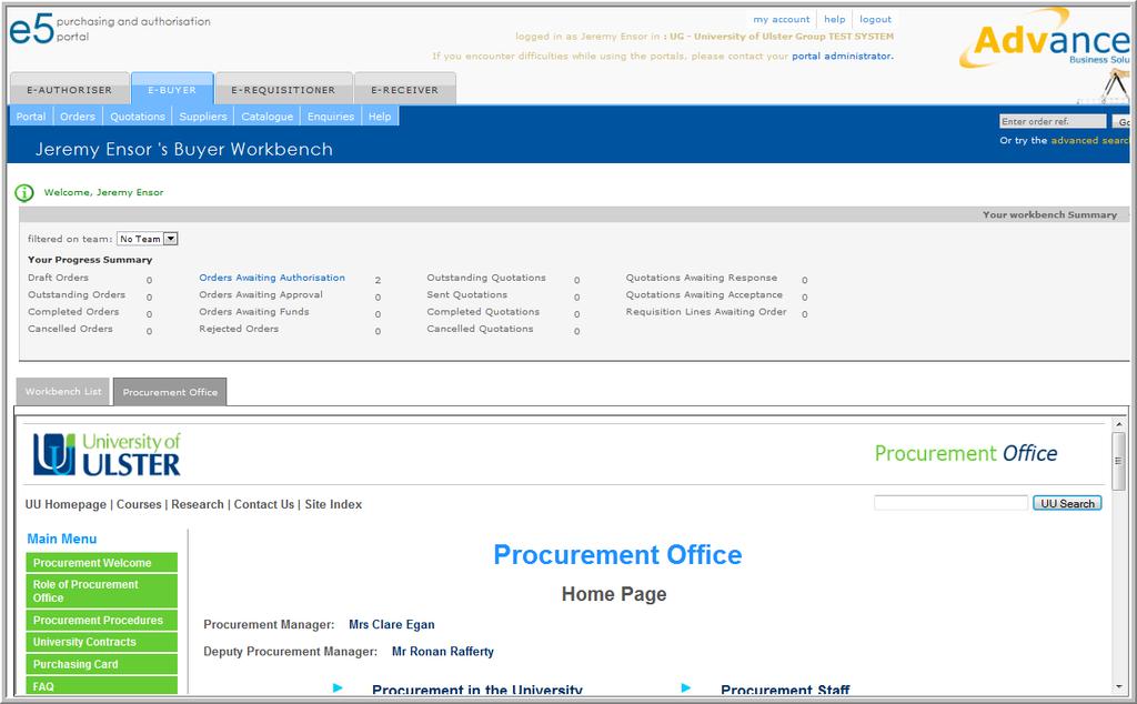The Procurement Portal The Procurement Portal Portal Home Page Workbench Your login has been assigned a role or number of roles depending on the functions you require to perform your tasks these are