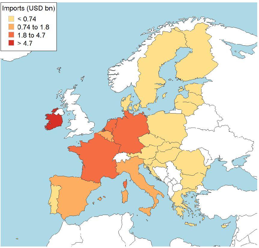 Main importers Agriculture (2013 2015) COUNTRY VALUE (USD mn) % of EU % of total agri. exports of the country Ireland 4,796 26.71 15.45 France 2,578 14.36 8.30 Netherlands 2,462 13.72 7.