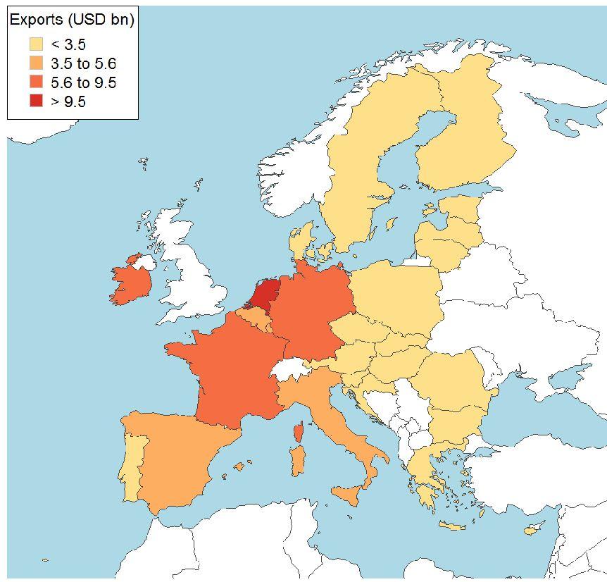 Main exporters Agriculture (2013 2015) COUNTRY VALUE (USD mn) % of EU % of total agri. exports of the country Netherlands 9,519 20.12 1.89 France 6,971 14.74 1.23 Ireland 6,903 14.59 4.