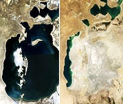 2 The Aral Sea in central Asia, once the fourth largest lake in the world, has shrunk to one tenth of its original size after several rivers feeding it were dammed to provide irrigation water for
