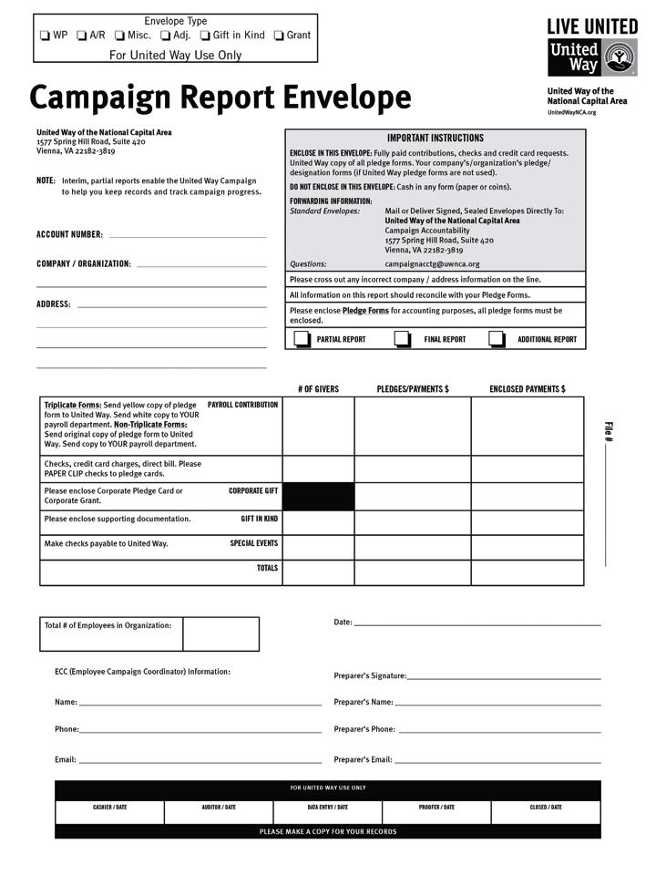 HOW TO COMPLETE THE CRE The Campaign Report Envelope (CRE) is completed by the ECC or that person s designee and submitted to United Way NCA as a summary and record of pledges made.