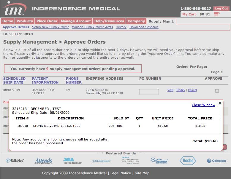 Approve Orders View Order Click on the View link next to the order and a pop-up box will display the scheduled items,