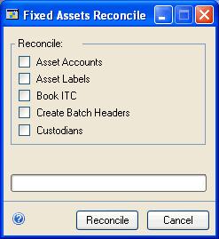 To rebuild integrated batches: 1. Open the Fixed Assets Reconcile window.