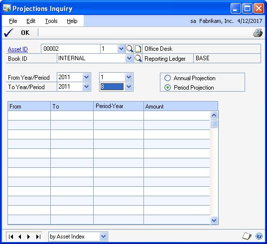 Viewing projected depreciation information Use the Projections Inquiry window to view projected depreciation for an asset. You must first complete a depreciation projection for the asset.