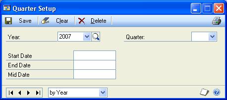 PART 1 FIXED ASSET MANAGEMENT SETUP To set up quarter records: 1. Open the Quarter Setup window. (Microsoft Dynamics GP menu >> Tools >> Setup >> Fixed Assets >> Quarter) 2. Select a year.