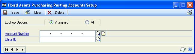 PART 1 FIXED ASSET MANAGEMENT SETUP To enter fixed assets posting accounts: 1. Open the Fixed Assets Purchasing Posting Accounts Setup window.