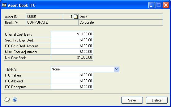 PART 2 CARDS AND INTEGRATION Creating an asset book ITC record Use the Asset Book ITC window to add US tax S179 information, US investment tax credit (ITC) information, and make other adjustments to