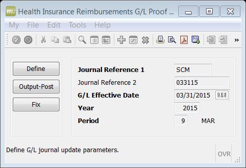 Federal Reimbursement Process Select Define, enter criteria into the screen. Select Output-Post. This step creates a journal with a source code of PRK.