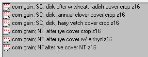 The four options for cover crops in rotation are: 1) Corn Grain after August Cover Crop after W Wheat The selections under this management folder listed above can only be used when corn grain is the