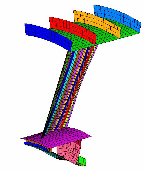 The solid vane is modeled with shell elements with different thickness in the axial direction. Variable thickness will give get a more accurate result when analyzing solid vanes.