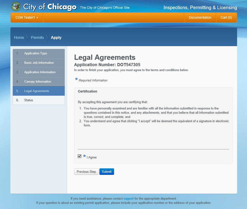 5. Legal Agreements The Legal Agreements must be acknowledged: Read the Certification legal agreement Click the I Agree checkbox (required) Click Submit
