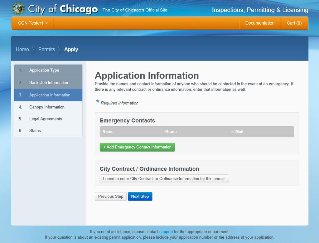 3. Application Information Emergency Contacts City of Chicago Add Emergency Contact information: Click the +Add