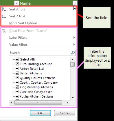 7 Excel Reporting Use the Sort options to change the order in which the information is listed. You can manually pick which items to display or hide from the list.