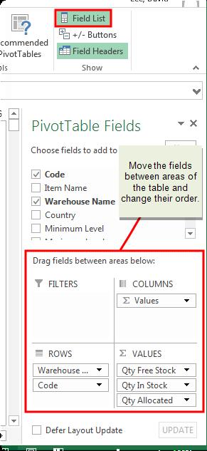 7 Excel Reporting Use Filters to add the field as a filter for the whole table. Use Columns to add the field as a column label. Use Rows to add the field as a row label.