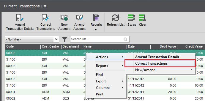 New Features Guide Correcting transactions You now have the ability to correct transactions entered from the current year manual journal entry window (Nominal Ledger >