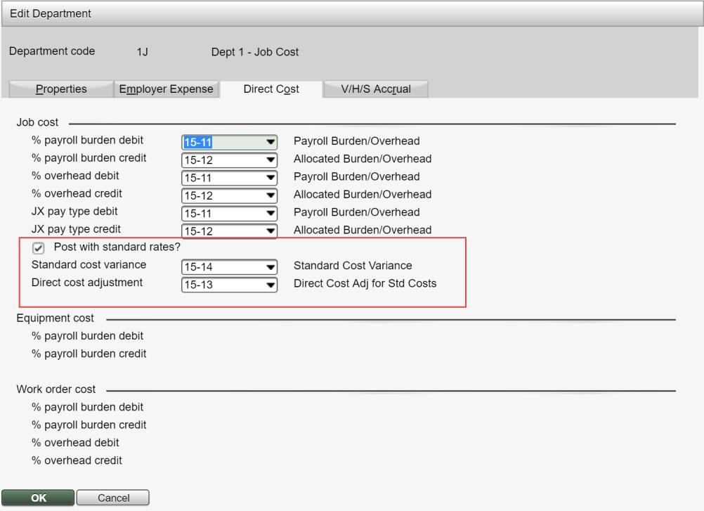 Setup and Configuration The following explains how to set Spectrum up to use standard costing for Job Cost. Payroll Installation Navigate to the Defaults tab on the Payroll Installation screen.