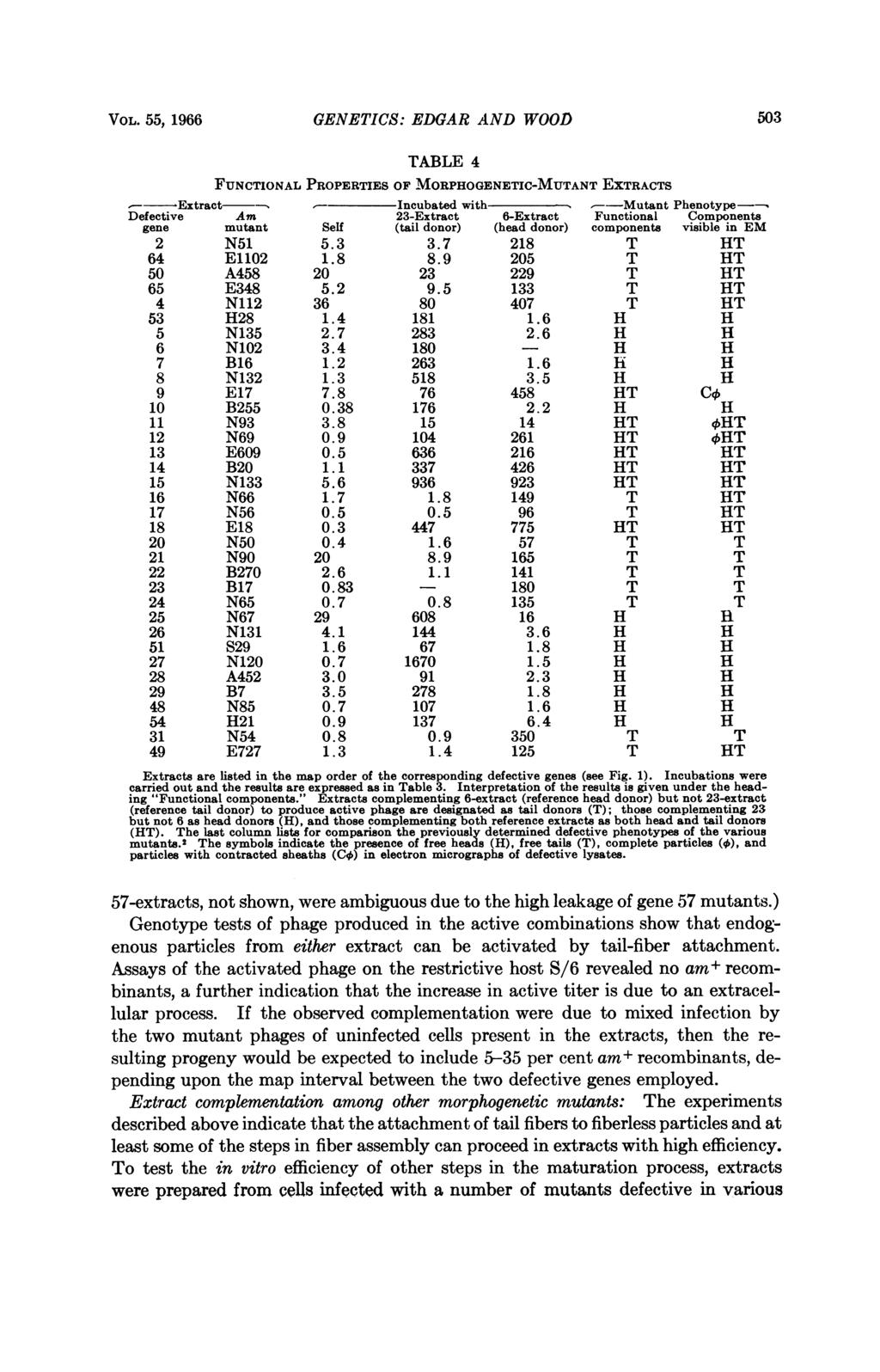 VOL. 55, 1966 GENETICS: EDGAR AND WOOD 503 TABLE 4 FUNCTIONAL PROPERTIES OF MORPHOGENETIC-MUTANT EXTRACTS _-- Extract - Incubated with --Mutant Phenotype-- Defective Am 23-Extract 6-Extract
