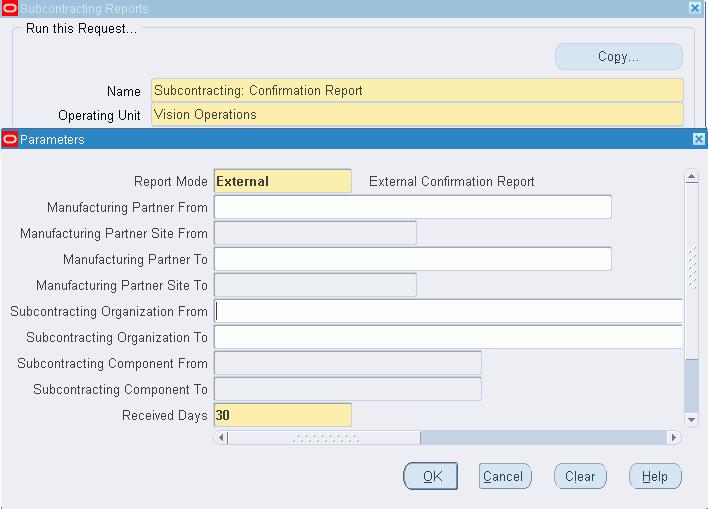 4. Enter report parameters and choose OK. The Subcontracting Reports window appears. 5.