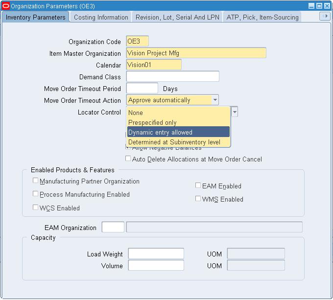 Organization Setup Inventory Parameters For Seiban-Based Manufacturing, Locator Control should be defined as dynamic entry allowed in Inventory parameters for both the OEM and MP organizations.