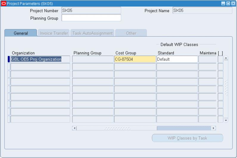 6. Select the General tab and enter Inventory Organizations that use the project numbers. In this scenario, the OEM and MP organizations should be included. 7.