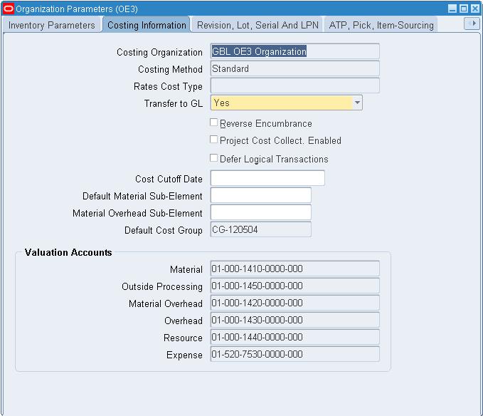 5. Select the Costing Information tab. 6. Set the Costing Method of the OEM Org as below: 7. For Chargeable Subcontracting, set the Costing Method to Standard.