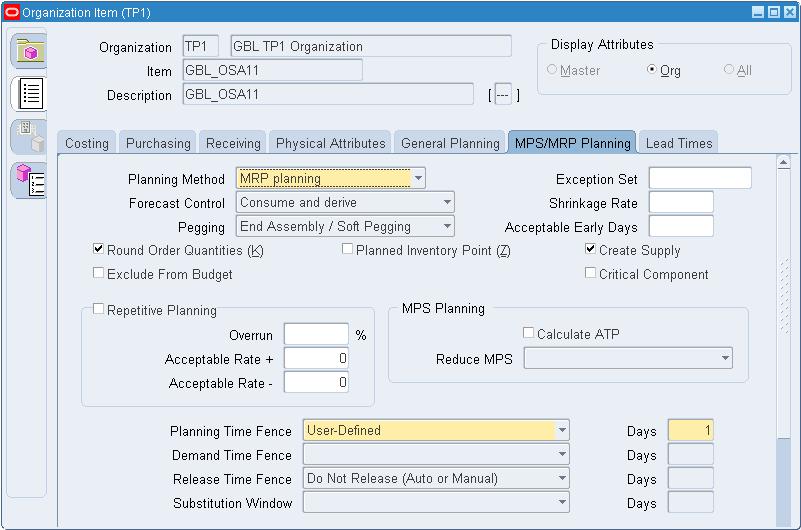 Note: Outsourced assemblies cannot have routings in MP organizations. 5. Select the Purchasing tab. 6.