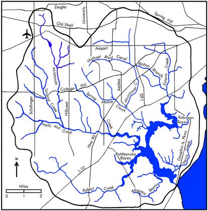 Dog River Watershed 95 square miles, urban watershed 15 named tributaries/segments: Alligator Bayou Perch Creek Robinson Bayou Rabbit Creek Rattlesnake Bayou Halls Mill Creek Milkhouse Creek Second