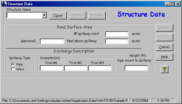 Structure Data Window The Structure Data Window allows you to define the physical features of the structure so far as the hydrologic analysis of that structure is concerned.