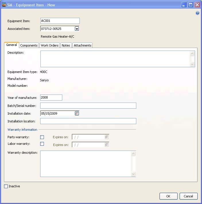 Service Management The Service Location Window Equipment Tab A service location can have installed items that require service work.