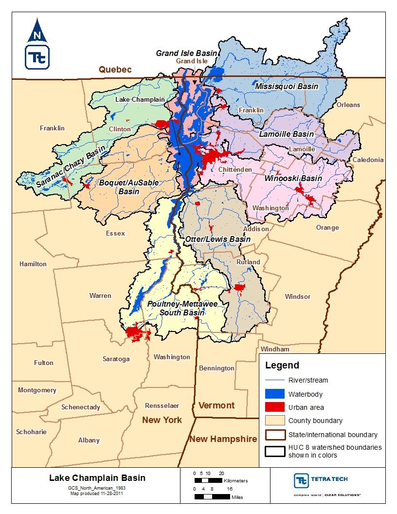Lake Champlain Statistics 8,234 square mile watershed 56% (VT); 37% (NY); 7% (Quebec) Drains nearly half the land area of Vermont 120 miles long Surface area of 435 square miles