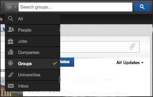 (2) Get Started: Sign into LinkedIn, and to the left of the top search bar, select Groups from the drop-down icon menu, which will search all LinkedIn Groups.