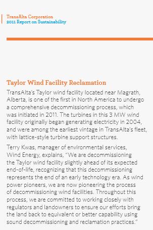 Decommissioning after Short Life Taylor Wind began generating in 2004.