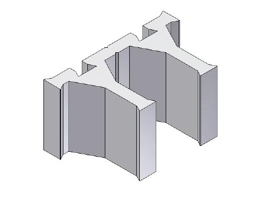 The left-hand angled element viewed to larger face surface of the block (size 400 x 200 mm) features the smaller face area at the left side (size 200 x 200 mm) see fig. b).