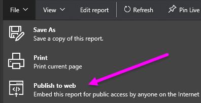 Publish to Web How it works On a report in your workspace in Power BI service, select File > Publish to web.