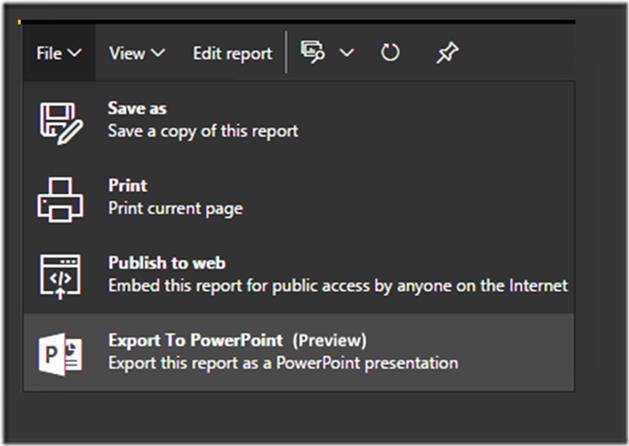Interaction with MS Office Export to PowerPoint Another top requested feature is currently in preview: Export Power BI report to PowerPoint.