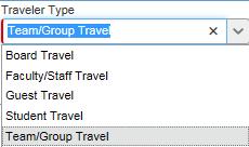 Traveler Type: Select Team/Group Travel traveler type from the drop-down: Trip Type: Select the applicable traveler type from the drop-down: Report/Trip Purpose Select the trip purpose from the