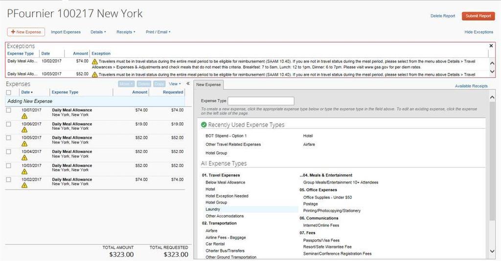 9. Click the applicable expense type in the right-hand column (for example Hotel Exception, Airfare,