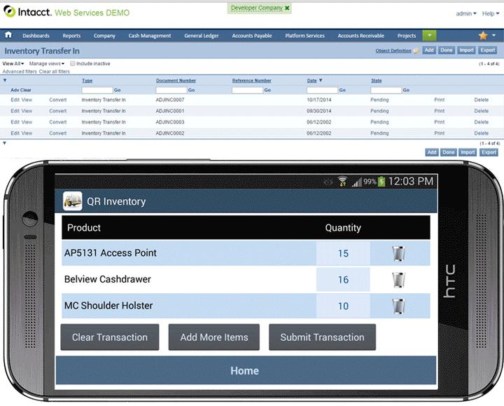 Scan QR Code - Post to Both QR Inventory & Intacct If you have Intacct Inventory Control module, you can take advantage of QR Inventory ability to process inventory transactions fast and error-free