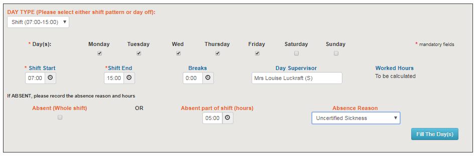 If you are absent for only part of the shift, do not tick the Absent (Whole shift) check box, instead populate the Absent part of shift (hours) field.