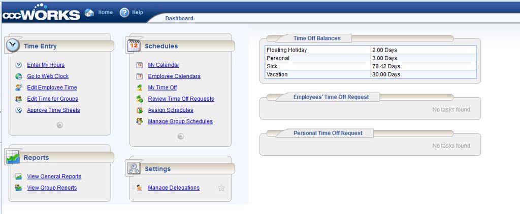 Manager Functions: CCCWorks Dashboard The manager s dashboard offers functions not available to non-management employees to assist managers in handling the time and attendance data of their employees.