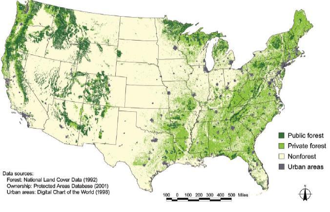 United States Forest Resource* 749 Million Acres 2/3 of America s forests are east of the Mississippi River Standing Forest Biomass >22