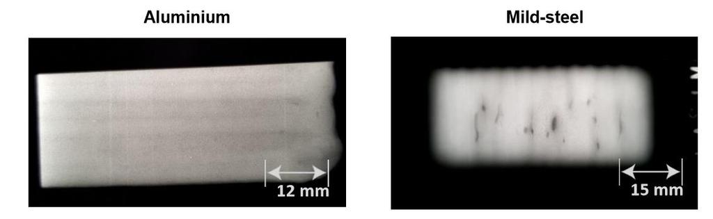 Figure 7 - X-ray testing of Aluminium sample (left) and mild-steel sample (right) [9]. Figure 8 - Ultra sonic results for Aluminium and Mild-steel [9].