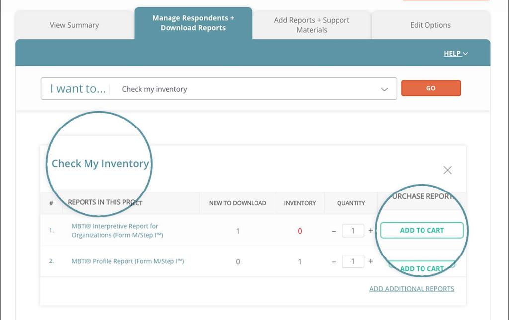 Step 4. A Check My Inventory section will appear below the I Want To... section. From here you can view all the reports in your project and how much inventory you have for each report.