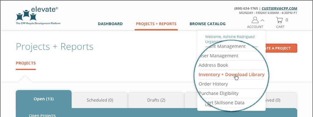 Step 2. Click Inventory + Download Library from the drop-down menu, which will take you to the Your Inventory + Download Library page. From this page you can view your inventory for all projects.