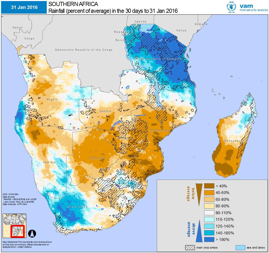 January 2016 January 2015 rainfall as a percentage of the 20-year average (left). Brown shades for drier than average, blue shades for wetter than average conditions.