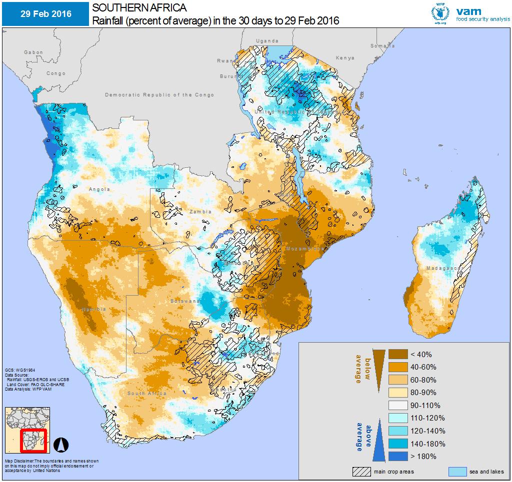 Southern Africa: Heading A Season for of a Regional Record Drought? February 2016 February 2015 rainfall as a percentage of the 20-year average (left).