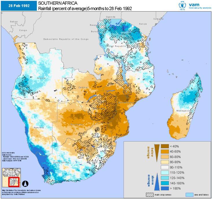 This comparison shows that the 2015-16 drought is more widespread, as it extends further into Angola, Namibia and South Africa.