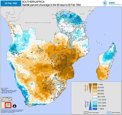 During the second period (Dec-Feb), although the extent of the drought was similar, it was much more intense in Mozambique, Zimbabwe and