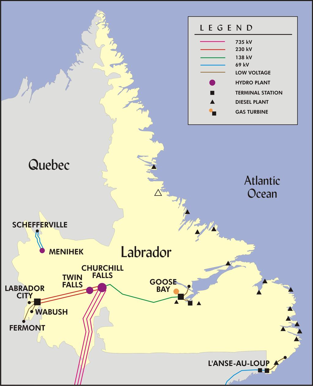 Figure 9: Labrador Electricity System Map Source: NLH The Labrador electricity system depicted in Figure 9 consists of several 735 kv, 230 kv, and 138 kv lines that originate at Churchill Falls.